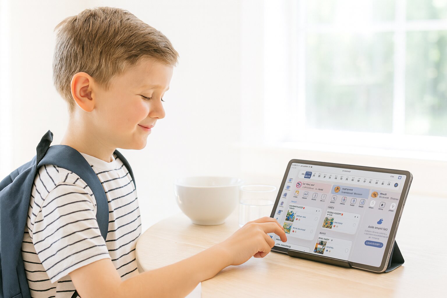 A boy with his backpack on checks off his morning routine on a tablet before school