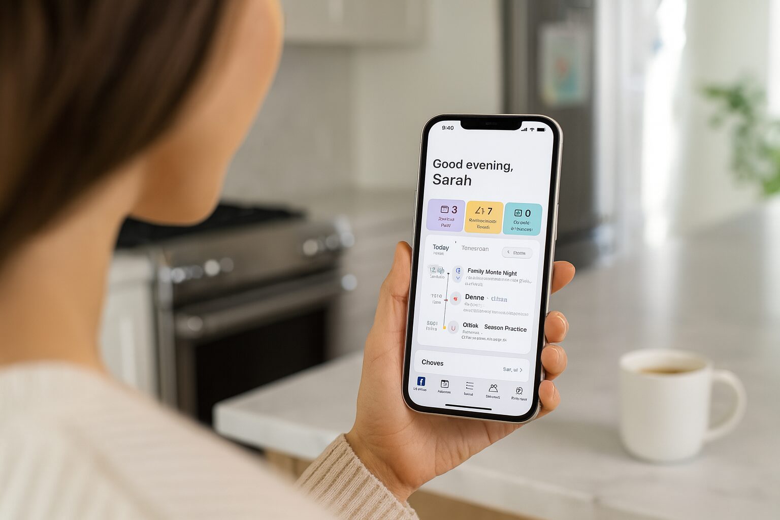 A mother checks the family's plan on the Sense app in a sunlit kitchen in the evening