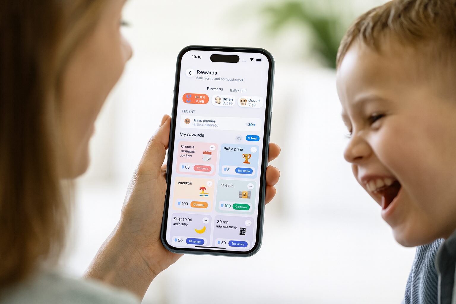 A mother and her son laugh together over the Sense rewards catalog on her phone as he points at a reward to redeem