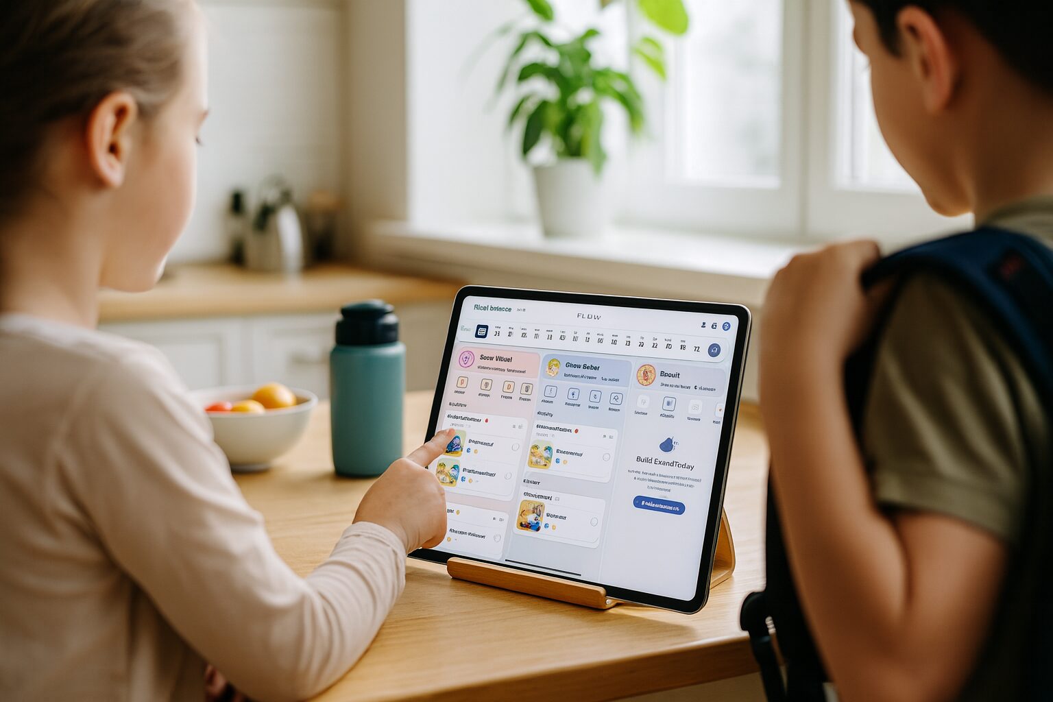 Two kids get ready for school around a counter tablet showing each child's Sense routine in its own column