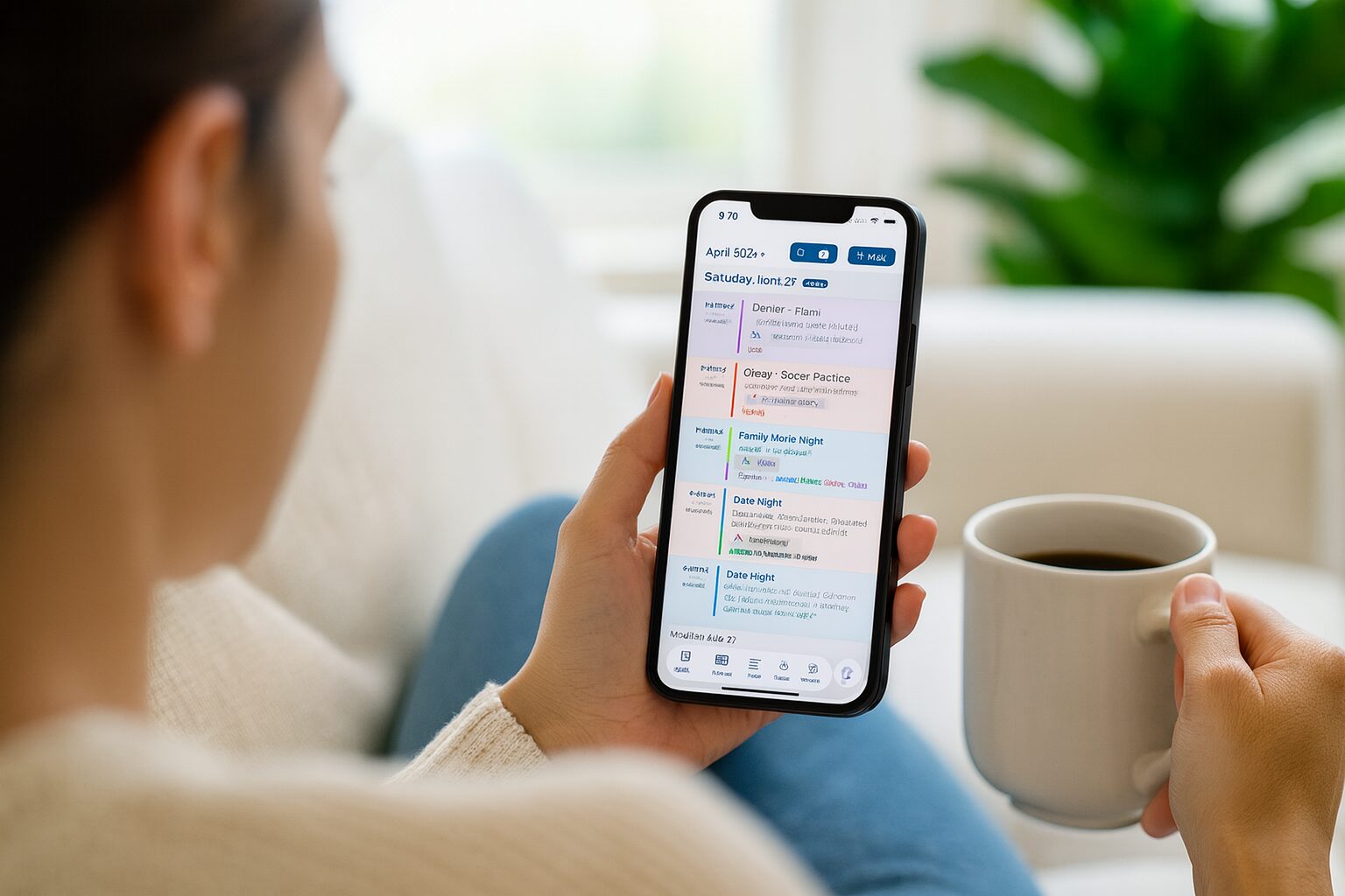 A mother on the couch with coffee reviews the Sense agenda after a screenshot dropped the week's events onto her family calendar