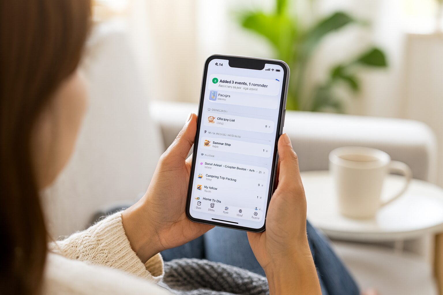 A mom relaxing on the couch shares a screenshot to Sense and sees it added 3 events and 1 reminder
