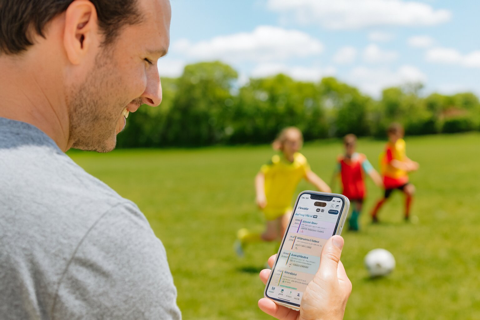 A father on the soccer sideline checks the family's weekend schedule on the Sense app