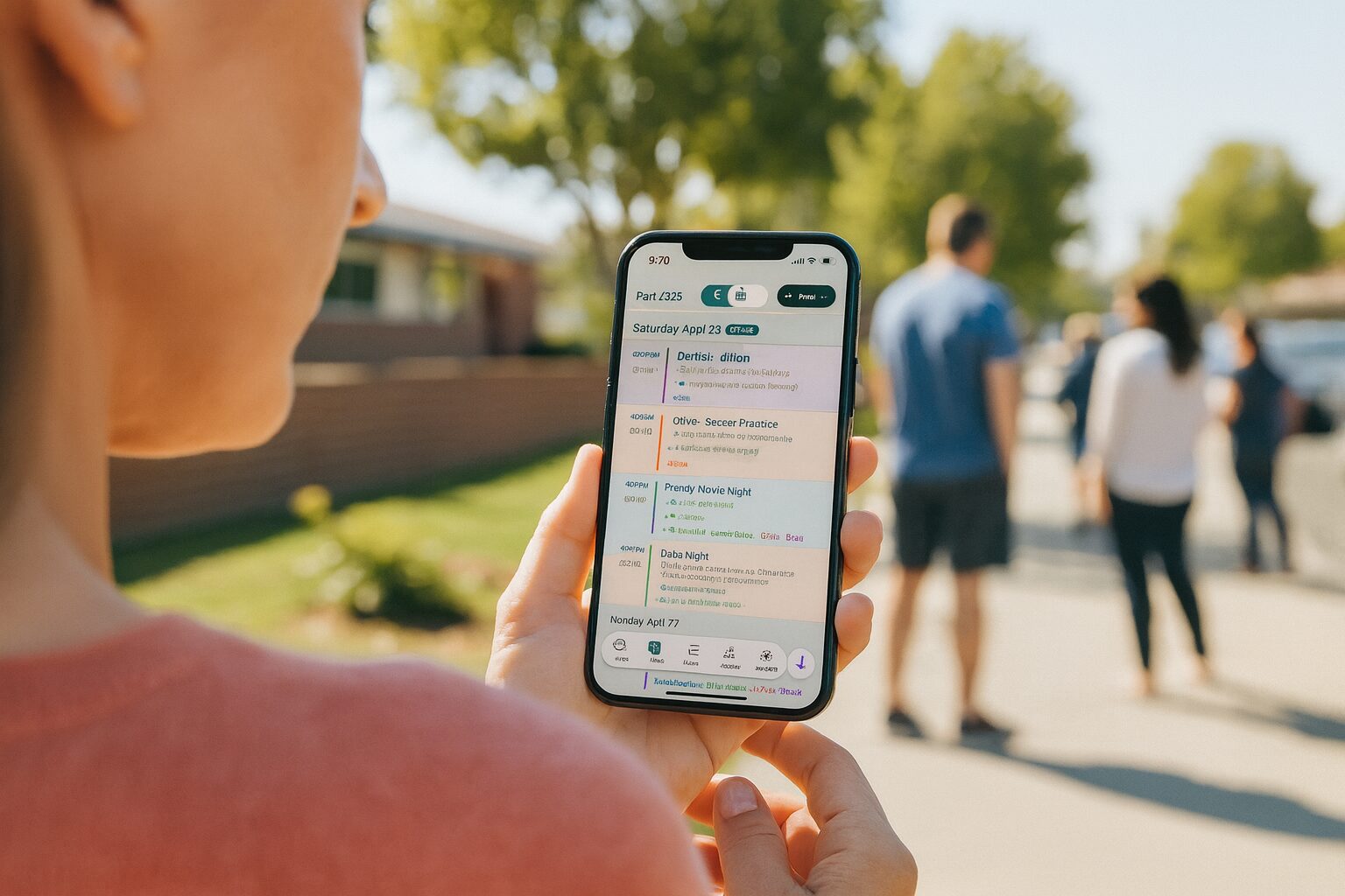 A mother at the school pickup line checks the Sense agenda on her phone after forwarding a WhatsApp class-group message