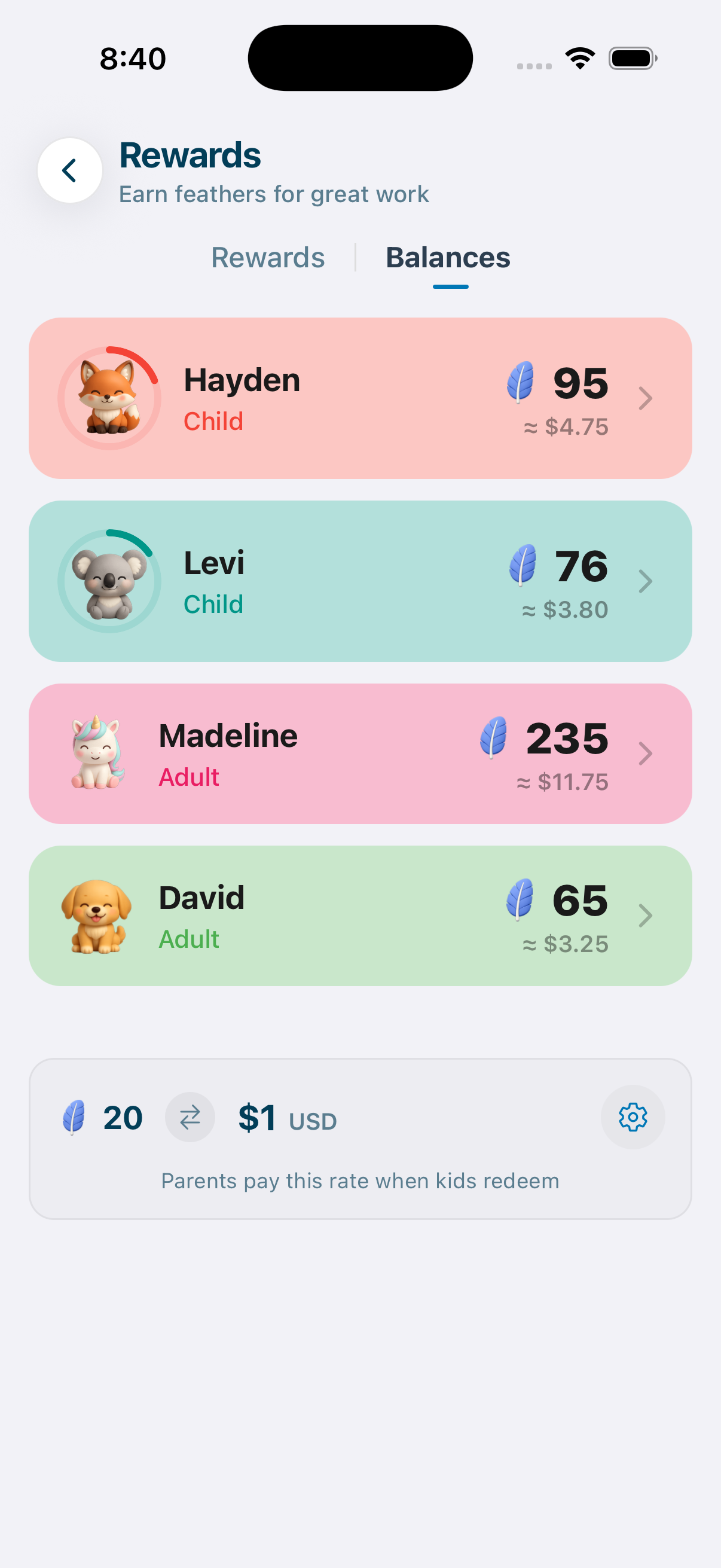 Allowance balances screen showing each kid's feather total and its dollar value