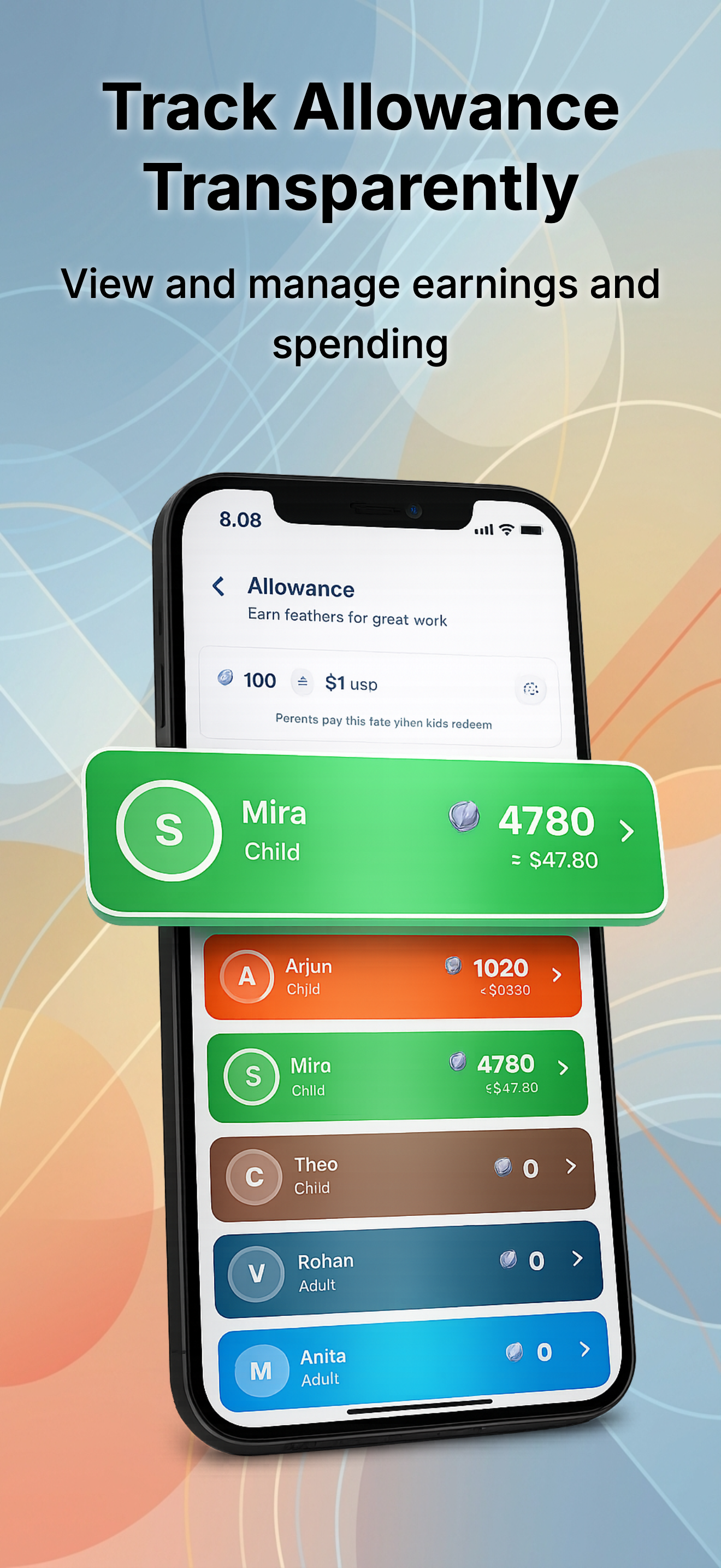 Sense allowance screen showing kids savings goals
