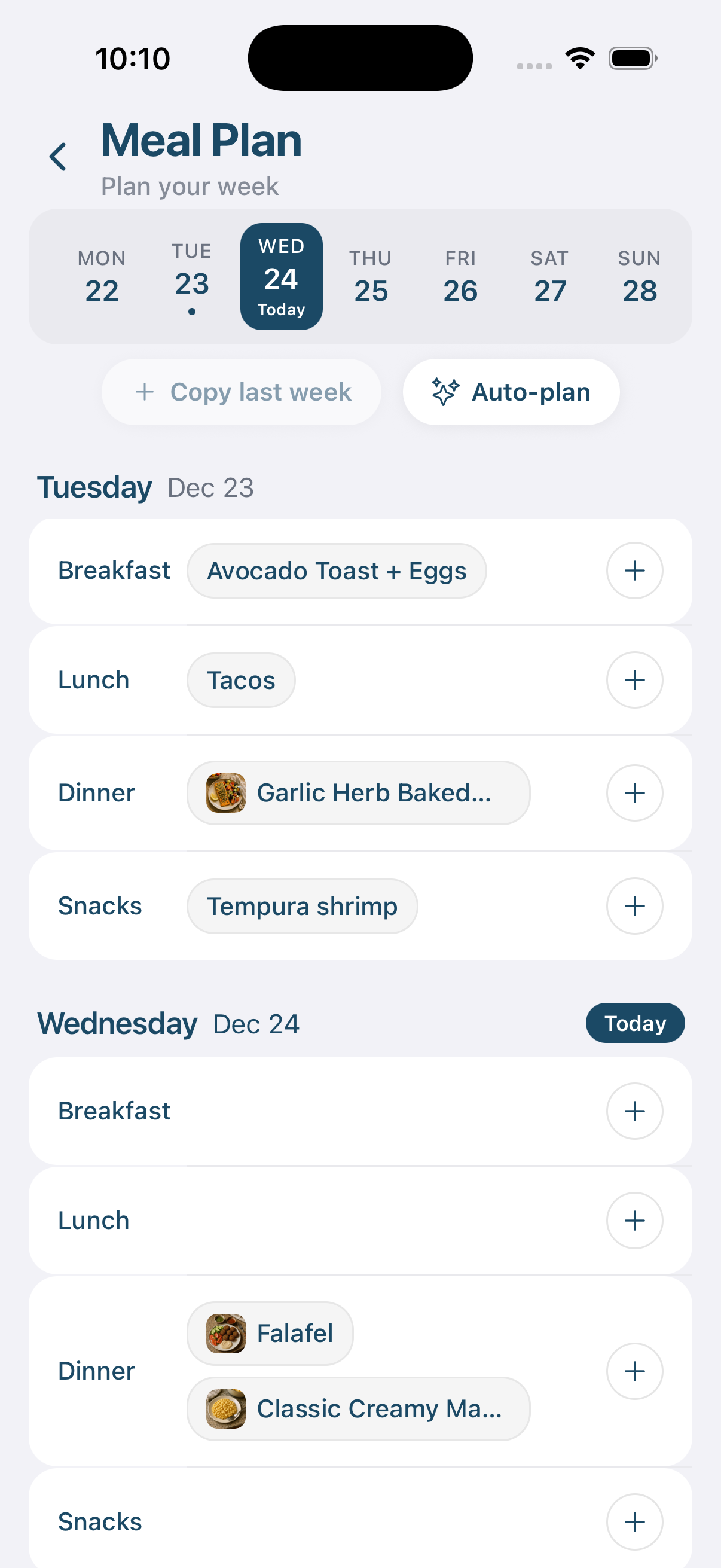 Sense meal planning screen showing weekly meal calendar