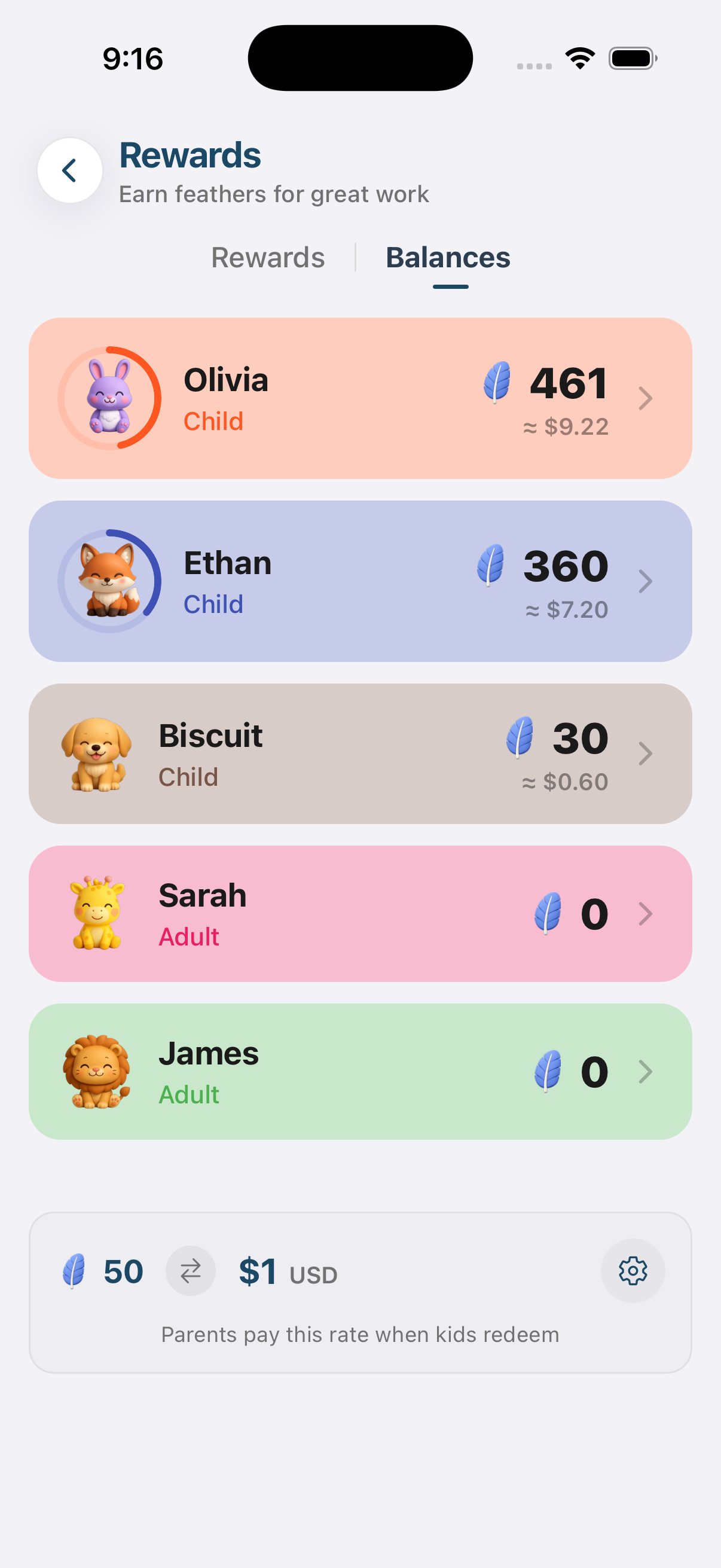 Sense rewards balances screen showing each family member's feather total and its dollar value