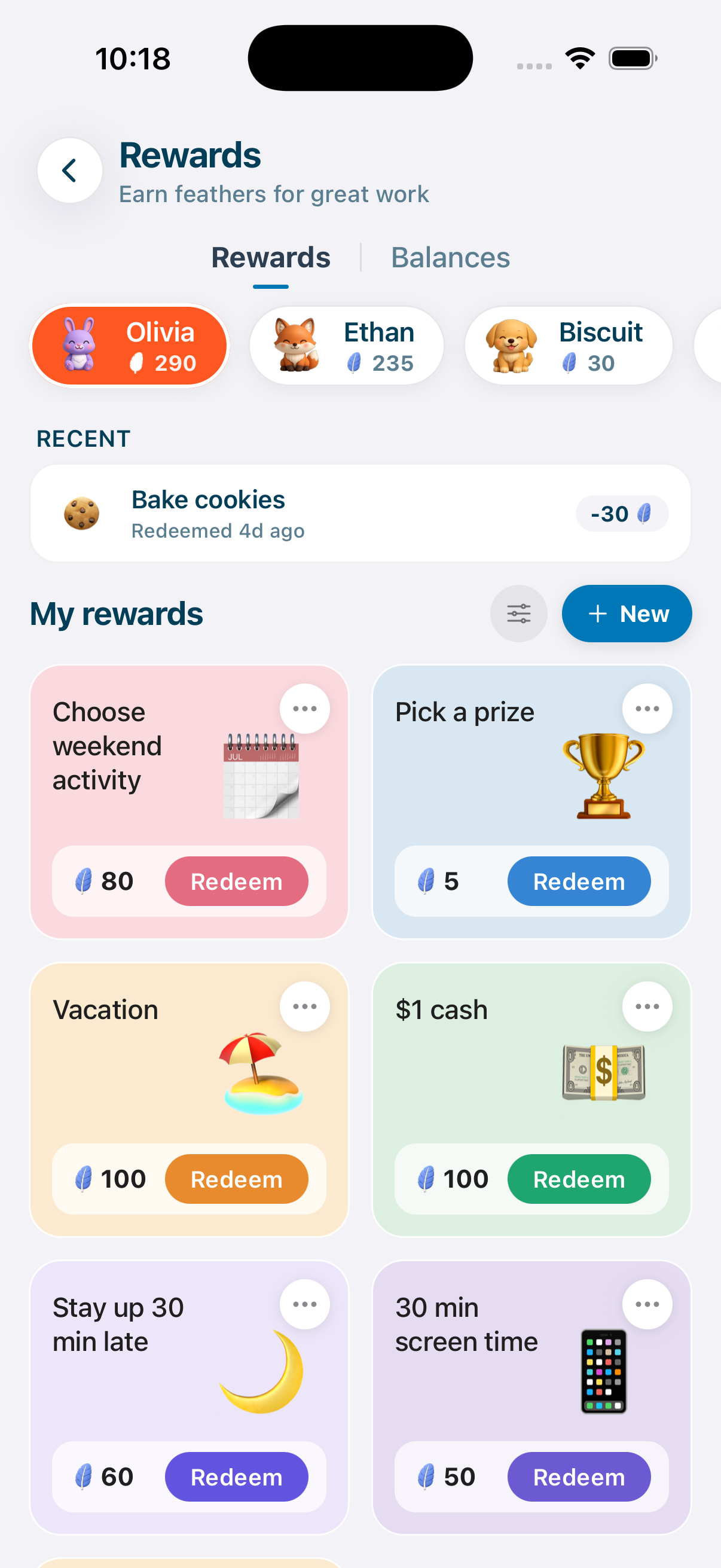Rewards catalog showing items kids can redeem with feathers