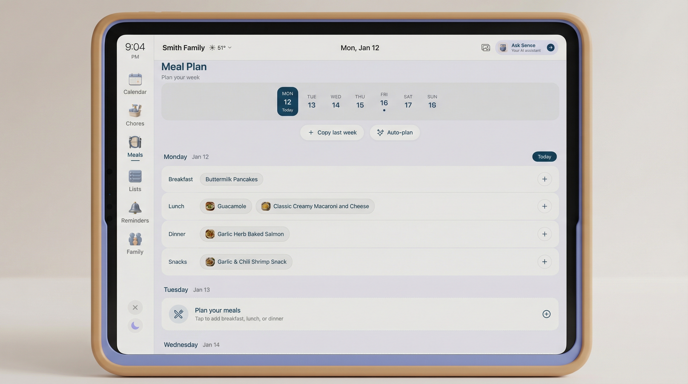 Sense Hub showing meal plan on tablet