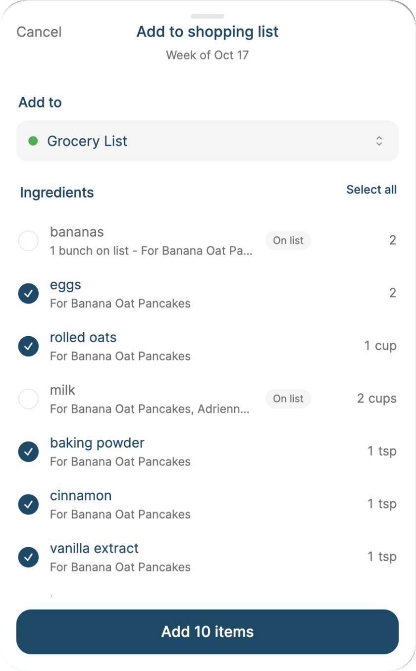 Milk for two recipes becomes one line. Bananas are already on the list.